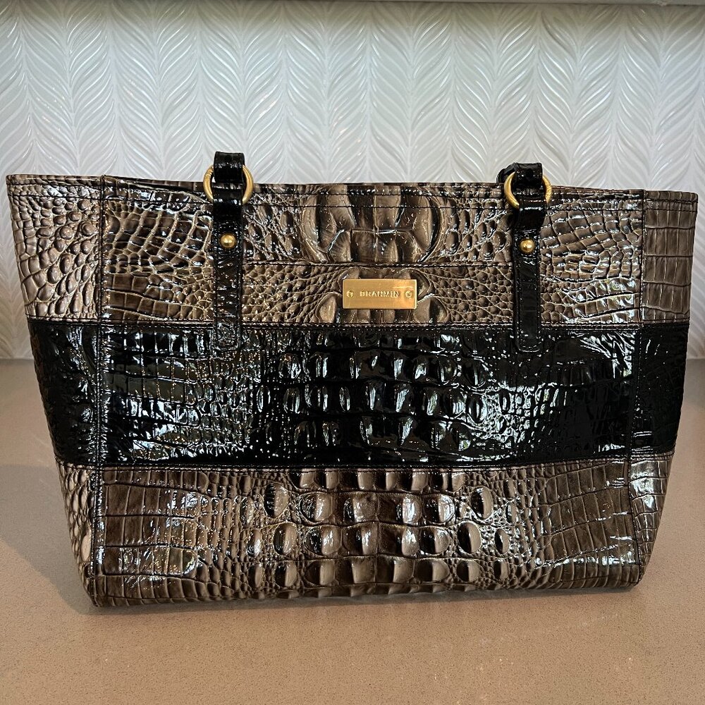 BRAHMIN Medium Asher Croco Black Gray Embossed Melbourne Leather Tote Shoulder